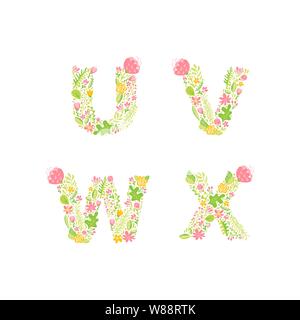 Monogrammi o logo floreali in maiuscolo con disegno a mano vettoriale. Lettere maiuscole U, V, W, X con fiori e rami fioritura. Design floreale Illustrazione Vettoriale