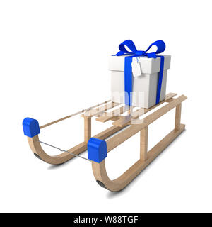 Slitte di legno con la confezione regalo. 3d illustrazione isolati su sfondo bianco Foto Stock