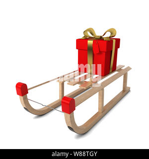 Slitte di legno con la confezione regalo. 3d illustrazione isolati su sfondo bianco Foto Stock