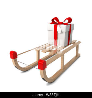Slitte di legno con la confezione regalo. 3d illustrazione isolati su sfondo bianco Foto Stock