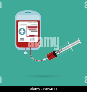 Sacca di sangue, pack con le mani del donatore isolati su sfondo bianco. La donazione di sangue, trasfusione. Concetto medico. Appartamento in stile cartone animato Illustrazione Vettoriale