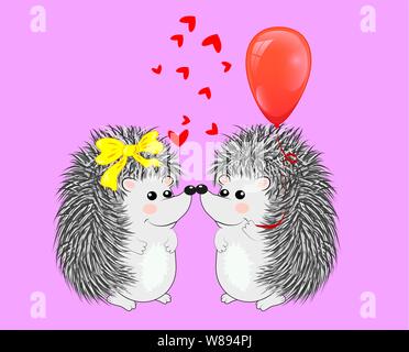 Paio di felice amare il riccio. Carino coppia di animali danza e abbraccio, maschio permette ai fiori di femmina. Amore, romanticismo e di San Valentino tema. Illustrazione Vettoriale