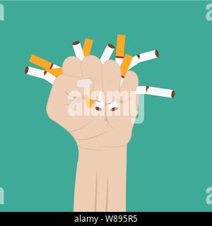 Le sigarette in pugno la mano. smettere di fumare. smettere di fumare concetto. Illustrazione Vettoriale in stile piatto Illustrazione Vettoriale
