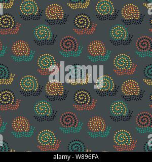 Vettore di seamless pattern con colorate lumache tratteggiata su sfondo scuro Illustrazione Vettoriale