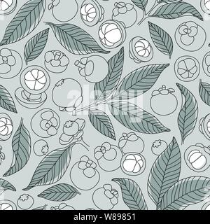 Artistico e dettagliate monocromatico Mangosteen frutta disegno Linea Seamless Pattern. Disegnate a mano Asia Design di frutta per il confezionamento, la stampa di poster Illustrazione Vettoriale