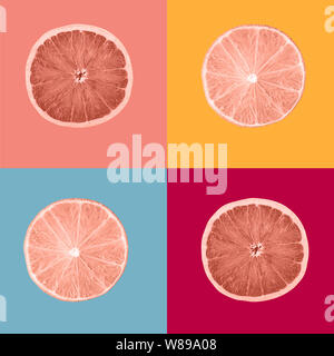 Collage di frutta di arancia in creativi concettuale vista superiore piatta set di laici di quadrati di colore con copia spazio isolato su giallo, rosso, rosso e blu Foto Stock