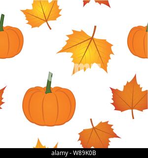 Modello senza giunture Foglie di autunno e zucca su sfondo bianco illustrazione vettoriale EPS10 Illustrazione Vettoriale