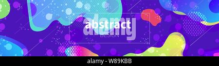 Banner Web template con spazio effetto brillante. Variopinto disegno astratto con liquido organico e forme geometriche - nebulas e comete. Intestazione, foo Illustrazione Vettoriale