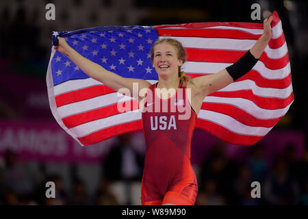 Lima, Perù. 08 Ago, 2019. Sarah Hildebrandt dagli Stati Uniti di wrestling vince la medaglia d'oro 53Kg. Giochi Panamericani di Lima 2019. Lima. PE. Credito: Reinaldo Reginato/FotoArena/Alamy Live News Foto Stock