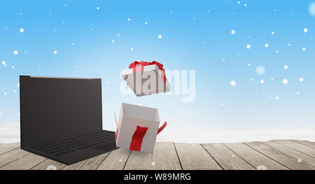 In inverno la massa di legno con i fiocchi di neve sullo sfondo 3d-illustrazione Foto Stock
