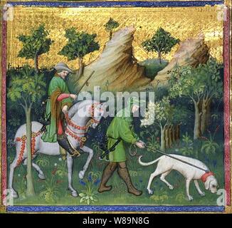 Deer hunting scene. Miniatura di Le Livre de Chasse de Gaston PHÉBUS (lavoro originale scritto nel 1387-89) 1405-1410 Foto Stock