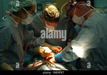 Navy Lt. Joyce Yang (sinistra) DDS, Lt. La Cmdr. Terence Johnson (centro) M.D. e Cmdr. Kurt Hummeldorf (destra) DDS, eseguire chirurgia orale su un uomo indonesiano per rimuovere una ciste dalla sua bocca a bordo della nave ospedale USNS misericordia (T-AH 19) il 18 febbraio 2005. La misericordia è in funzione al largo di Banda Aceh, Indonesia, fornendo assistenza medica e di soccorso in caso di catastrofe per le persone colpite da Dic. 26, 2004, Oceano Indiano tsunami. Foto Stock