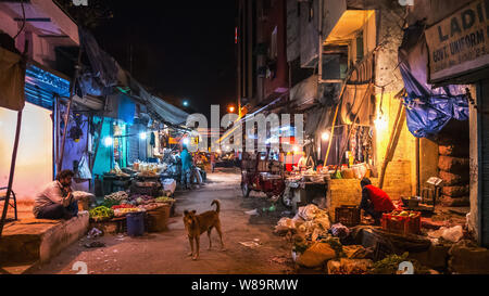 Cibo locale il mercato notturno e il singolo cane randagio, New Delhi, Delhi, India, Asia Foto Stock