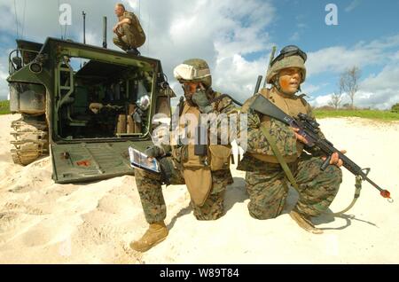 Stati Uniti Marine Corps Capt. Jon Curtis (sinistra) chiamate in un attacco aereo come Cpl. Eric Brookes fornisce la sicurezza come parte di una simulazione di Beach Assault on Kaneohe Bay Marine Corps base, Hawaii, luglio 18, 2006, durante l'esercizio, Rim del Pacifico 2006. L'esercizio, comunemente chiamato RIMPAC, riunisce forze militari provenienti da Australia, Canada, Cile, Perù, del Giappone, della Repubblica di Corea, il Regno Unito e gli Stati Uniti nel più grande del mondo biennale esercizio marittimo. Curtis e Brookes sono attaccati al Team di supporto con la società Eco, 1° Reggimento Marine. Foto Stock