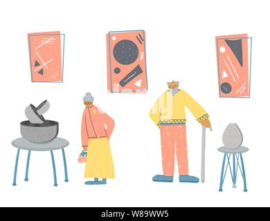 I visitatori del museo. Senior l uomo e la donna in piedi full lengt. Carattere di anziani a piedi la galleria d'arte contemporanea. Caratteri vettoriali design in flat sty Illustrazione Vettoriale