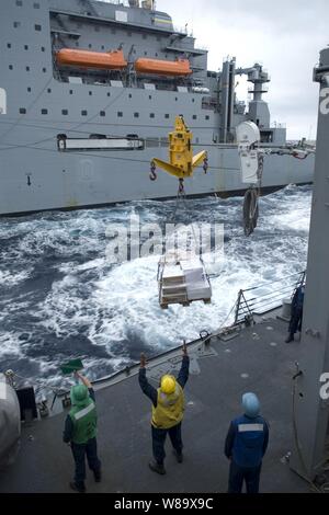 Stati Uniti I marinai della marina a bordo guidato-missile destroyer USS John S. McCain (DDG 56) ricevono un pallet di forniture da Sealift militare il comando in corso il rifornimento nave USNS Alan Shepard (T-AKE 3) nell'Oceano Pacifico in data 4 marzo 2009. Il McCain è uno dei sette Arleigh Burke-Cacciatorpediniere classe assegnato a Destroyer Squadron 15 ed è permanentemente in avanti distribuito a Yokosuka, Giappone. Foto Stock