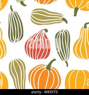 Disegnare a mano la zucca Seamless Pattern in semplice stile Doodle sfondo vettoriale zucche colorate di diverse forme e dimensioni isolato Illustrazione Vettoriale