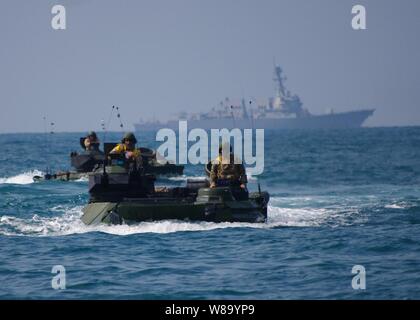 Assalto anfibio i veicoli da trasporto anfibio dock nave USS Denver (LPD 9) partecipano in un esercizio di anfibio nel mare a sud della Cina nel febbraio 10, 2011. Il Denver è parte dell'distribuita Essex anfibio gruppo pronto ed è in corso la partecipazione in oro Cobra 2011, un militare multinazionale di esercizio progettata per promuovere la pace e la stabilità regionale. Foto Stock