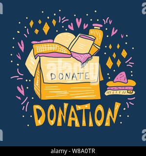 Donazione modello poster. Scatola con vestiti, giocattoli, libri di testo e. Donare le cose con caratteri. Banner di carità. Vettore Illustrazione a colori. Illustrazione Vettoriale