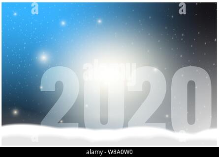 Anno nuovo biglietto di auguri 2020 contro innevate sullo sfondo incandescente illustrazione vettoriale Illustrazione Vettoriale