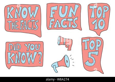 Fun facts, sai, Top 5 e 10 e altre citazioni di fumetti e megafono set. Vettore di caratteri stilizzati. Illustrazione Vettoriale