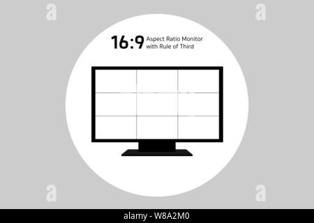 Regola dei terzi con 16 da 9 rapporto di aspetto, vecchia tecnologia con vetro monitor ma ancora importante con la composizione in arti. in bianco e nero il vettore. Illustrazione Vettoriale