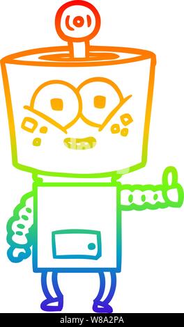 Rainbow linea di sfumatura di disegno di un felice robot cartoon dando pollice in alto Illustrazione Vettoriale