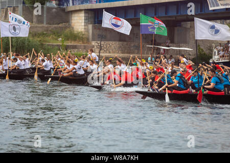 (190809) -- METKOVIC, e il Agosto 9, 2019 (Xinhua) -- Le donne partecipano al tradizionale donna piccola maratona in barca sul fiume Neretva Metkovic vicino, Croazia, e il Agosto 8, 2019. (Grgo Jelavic/Pixsell via Xinhua) Foto Stock