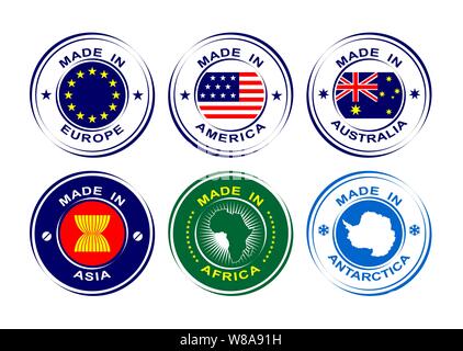 Raccolta di etichette rotonde fatte in Europa, America, Africa, Australia, Asia Antartide con bandiere Illustrazione Vettoriale