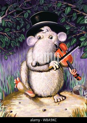 Mouse indossando un vecchio tophat sorridente riproduzione di un violino con un arco in un medow circondato da alberi di notte Illustrazione Vettoriale