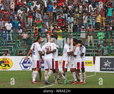 Kolkata, India. 08 Ago, 2019. MohunBagan A.C giocatori dopo il 2° obiettivo (foto di Amlan Biswas/Pacific Stampa) Credito: Pacific Press Agency/Alamy Live News Foto Stock