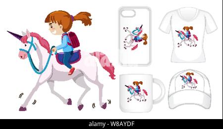 Graphic design su prodotti differenti con la ragazza di equitazione illustrazione unicorn Illustrazione Vettoriale