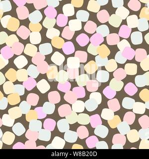 Vettore di seamless pattern con color pastello marshmallows sparsi su sfondo marrone Illustrazione Vettoriale