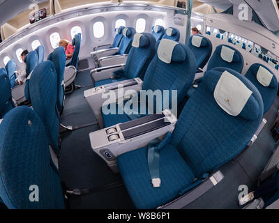 La città di Ho Chi Minh, Vietnam - Agosto 8, 2019: vista Fisheye della Premium Economy cabin in Vietnam Airlines Boeing Dreamliner 787-9. Foto Stock