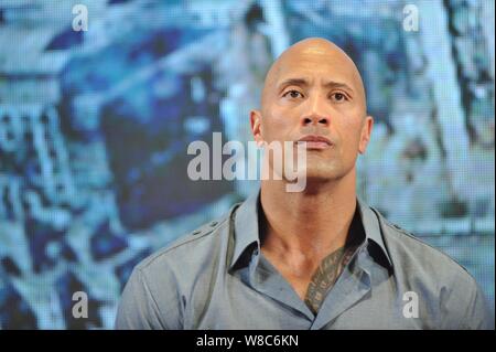 Attore americano Dwayne Johnson, anche noto con il suo nome ad anello la roccia, partecipa a una conferenza stampa per il suo film "Un Andreas' a Pechino in Cina, 28 maggio Foto Stock