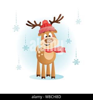 Carino cervi con un fiocco di neve sul naso. Il Natale dei cartoni animati. Illustrazione Vettoriale senza la trasparenza. Illustrazione Vettoriale