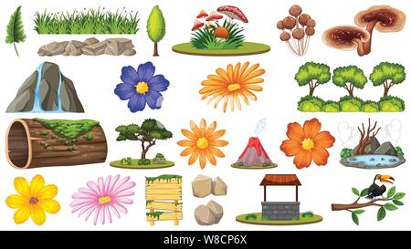 Set di diversi fiori e la natura le cose illustrazione Illustrazione Vettoriale