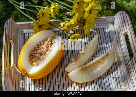 Tagliare giallo melone orientali (Coreano melone) su un bianco vassoio in legno Crisantemo giallo sullo sfondo. Foto Stock