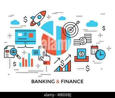 Contabilità, Banca finanza linea piatta icone illustrazione vettoriale sfondo Illustrazione Vettoriale