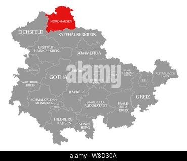 Nordhausen evidenziata in rosso nella mappa di Turingia Germania Foto Stock