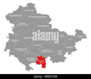 Sonneberg evidenziata in rosso nella mappa di Turingia Germania Foto Stock