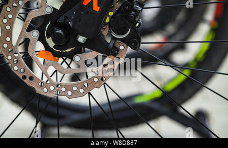 Disco del freno di una ruota anteriore di bicicletta. Mountain bike dettagli, close up foto Foto Stock