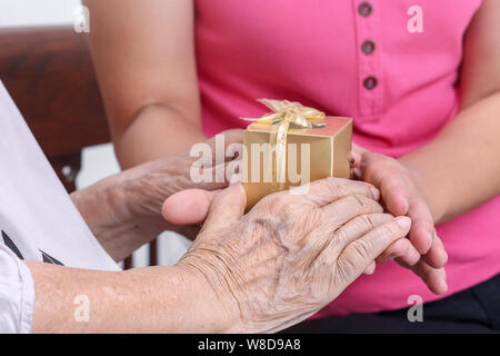 Donna anziana riceve un regalo da figlia Foto Stock