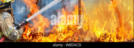 Vigili del fuoco spruzzare acqua a Wildfire Foto Stock