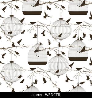 Vector seamless pattern con uccelli e gabbie Illustrazione Vettoriale