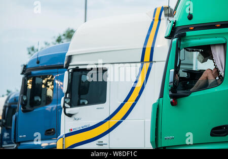 08 agosto 2019, Assia, Ober-Mörlen: Un camionista si siede nel suo veicolo di Wetterau Ost alla stazione di servizio. Hesse autostrade della mancanza di centinaia di camion di spazi di parcheggio. Truck driver quindi girare per arresto di emergenza o di alloggiamenti per le entrate e le uscite al fine di park e a rispettare i loro periodi di riposo. (A dpa messaggio 'Carrello spazi di parcheggio sulle autostrade regolarmente sovraccaricato') Foto: Andreas Arnold/dpa Foto Stock