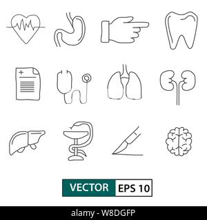 Handrawing medico-sanitari icon set. Isolato su sfondo bianco. Illustrazione vettoriale EPS 10 Illustrazione Vettoriale