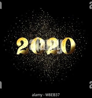 Felice anno nuovo 2020 biglietto d'auguri di confetti natalizi in oro glitter su sfondo nero premium Illustrazione Vettoriale