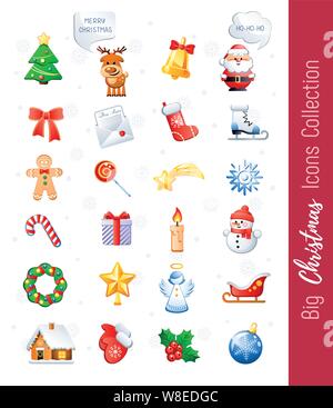 Natale grande raccolta di icone. Simpatici personaggi dei cartoni animati e le vacanze elementi. Illustrazione Vettoriale senza la trasparenza. Illustrazione Vettoriale