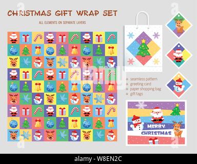Regalo di natale wrap set. Seamless pattern, biglietto di auguri, carta shopping bag, dono tag. Tutti gli elementi su livelli separati. Illustrazione Vettoriale. Illustrazione Vettoriale